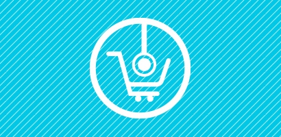 Icono de fonendoscopio y carro de la compra en blanco sobre fondo cian.
