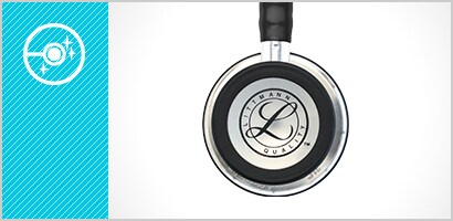 Lado para pacientes pediátricos de la campana de un fonendoscopio 3M Littmann Classic III e icono de campana resplandeciente en blanco sobre fondo cian.
